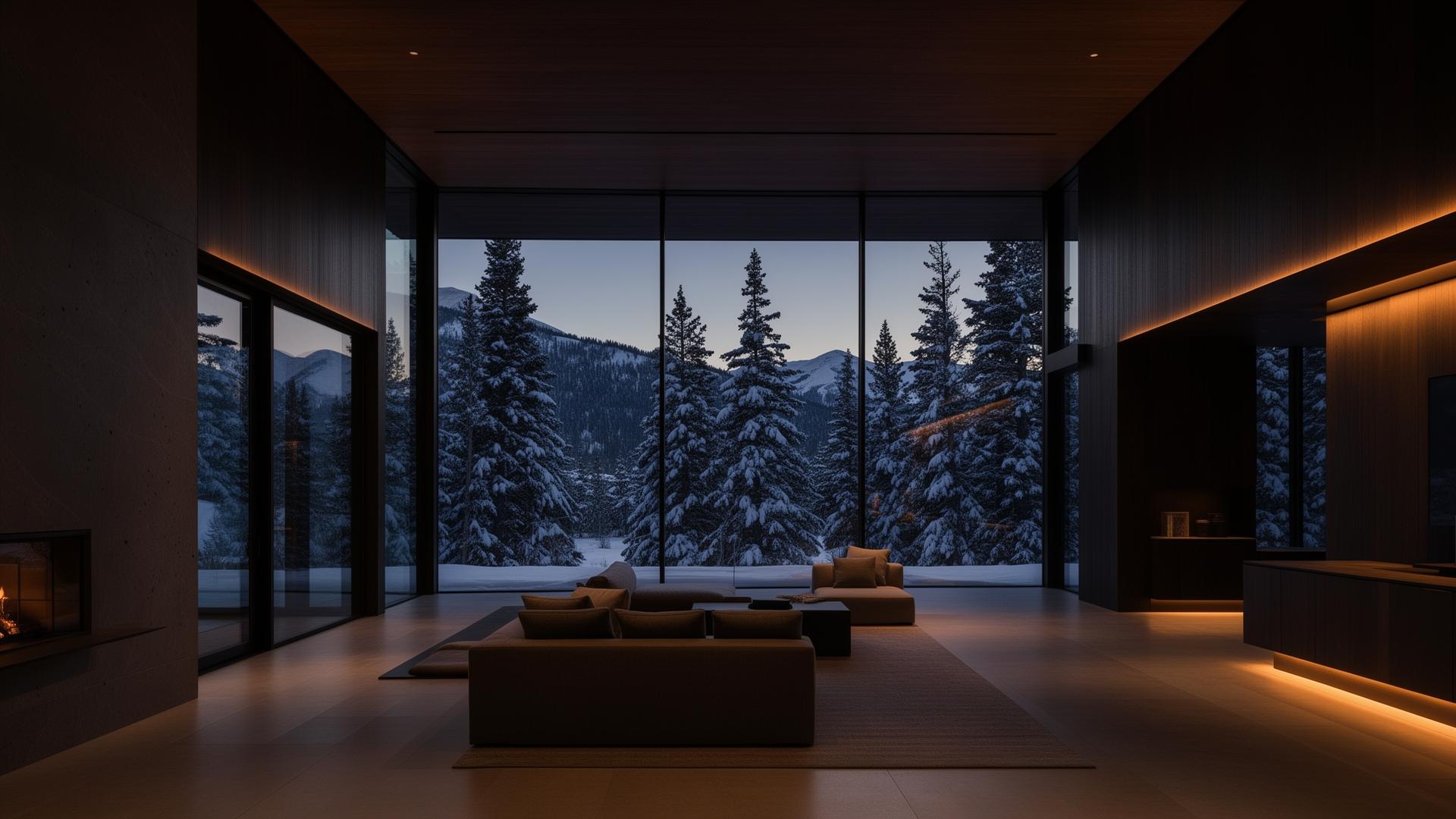 Modern luxury mountain home interior at dusk